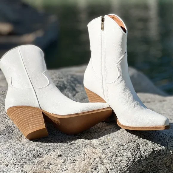 NEW Pointy Toe Stack Block Heel Western Curved Mid Ankle Booties Boots Off White - Picture 9 of 13